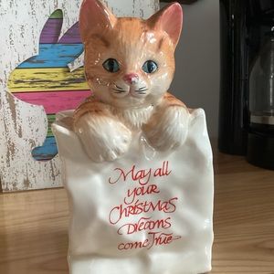 Vintage “Enesco” Tabby Cat In Christmas Bag Porcelain Music Box
